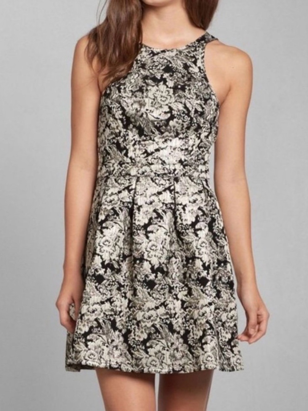 Abercrombie & Fitch Black and Gold Floral Fit-and-Flare Mini Dress
